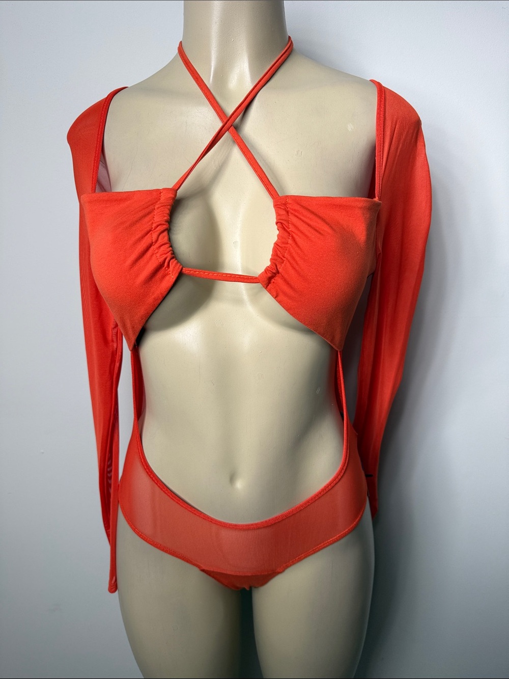 SHEIN Orange Cutout Cross-Strap Long Sleeve Bodysuit